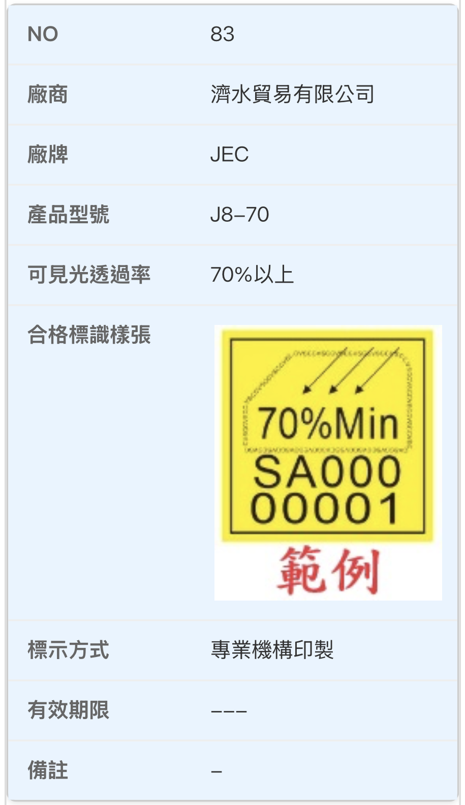 JEC J8-70 交通部合格標識貼紙